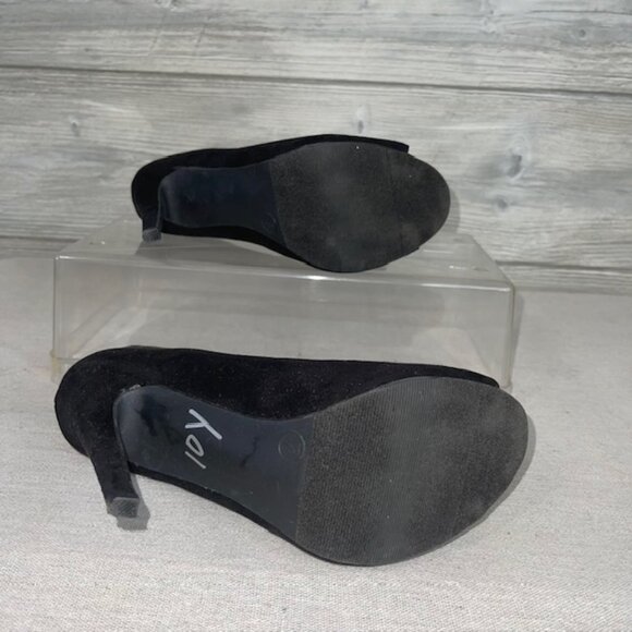 Mossimo Peeptoe 4.5" Heel Front Zip Booties Women's 7 Black Faux Suede Gold Trim - Picture 6 of 7